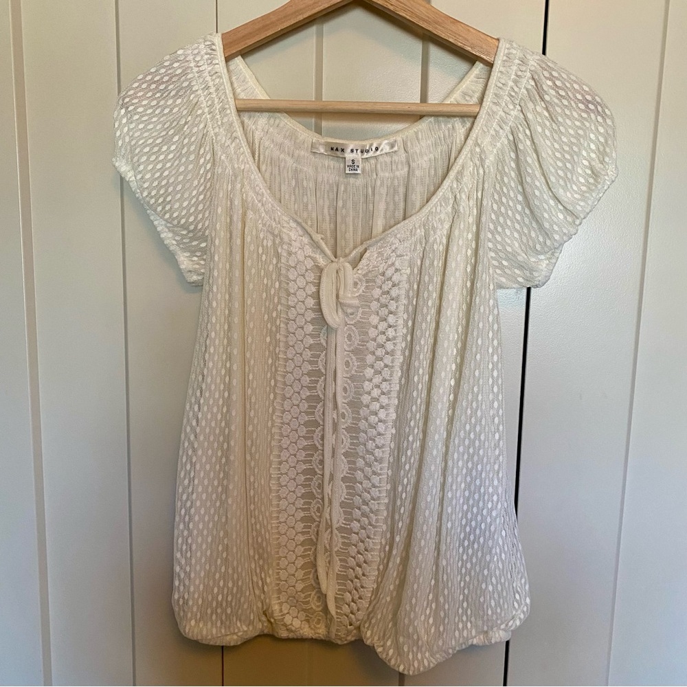 Max Studio-Cream Lace-Romantic Cap Sleeve-Tie Front-Elastic Waistband-Size S